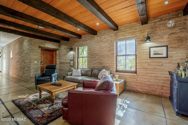 living room featuring beamed ceiling and wood ceiling