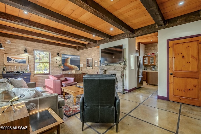 tiled living room featuring beamed ceiling, wooden ceiling, and brick wall