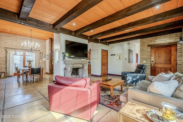 living room with wood ceiling, beamed ceiling, and a chandelier