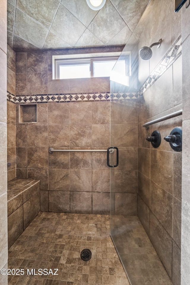 bathroom with a shower with door and plenty of natural light