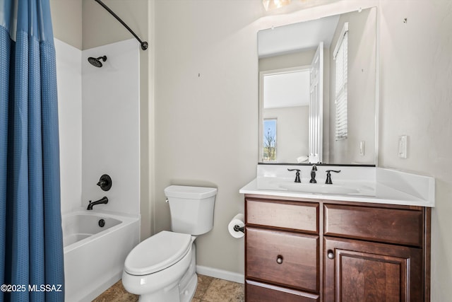 full bathroom featuring toilet, vanity, tile patterned floors, and shower / bathtub combination with curtain