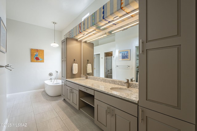 bathroom featuring shower with separate bathtub and vanity