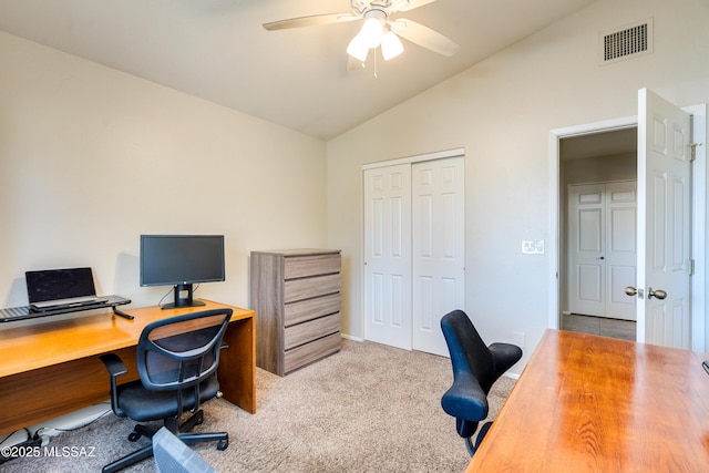 office with lofted ceiling, light carpet, and ceiling fan