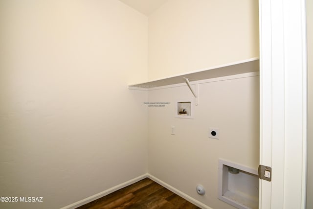 laundry room with washer hookup, dark wood-type flooring, hookup for an electric dryer, and gas dryer hookup