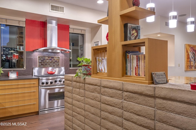 kitchen with hanging light fixtures, range hood, hardwood / wood-style floors, decorative backsplash, and high end stainless steel range