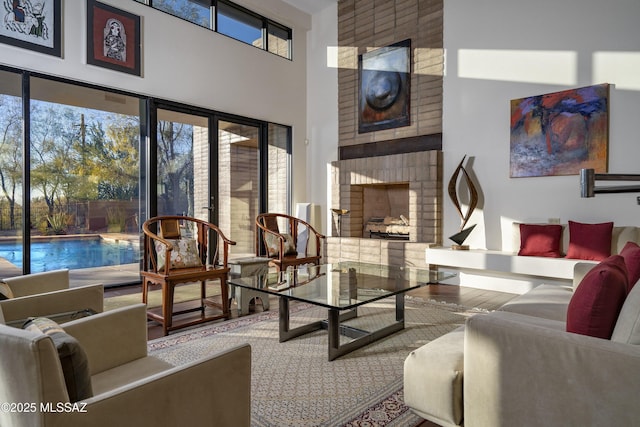 living room with a fireplace