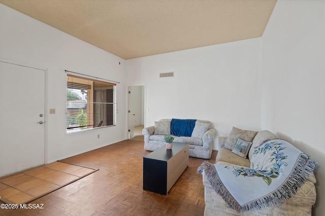 living room with parquet floors