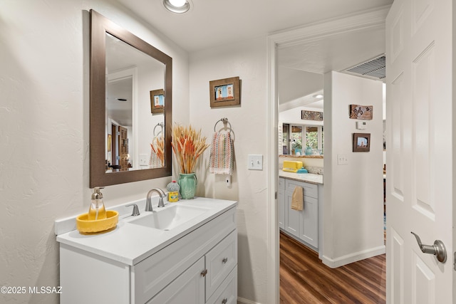 bathroom featuring vanity and wood-type flooring