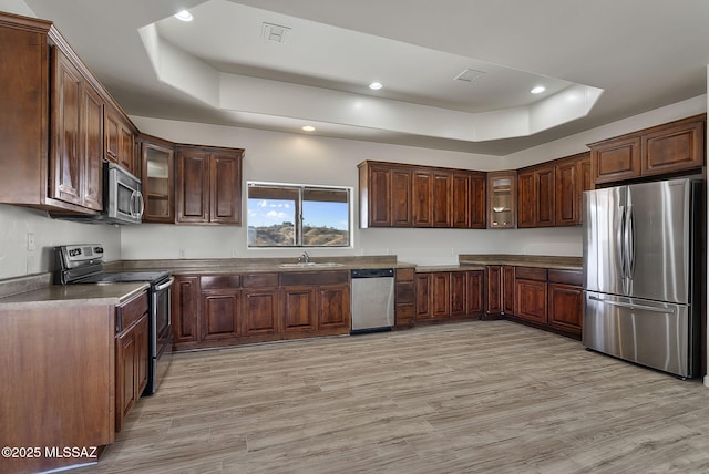 kitchen with appliances with stainless steel finishes, dark brown cabinets, a tray ceiling, sink, and light hardwood / wood-style floors