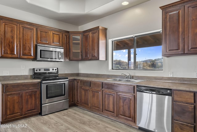 kitchen featuring dark brown cabinetry, stainless steel appliances, light hardwood / wood-style floors, and sink