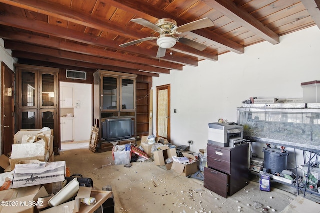 miscellaneous room featuring ceiling fan, beamed ceiling, and wooden ceiling