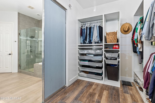 walk in closet with hardwood / wood-style flooring