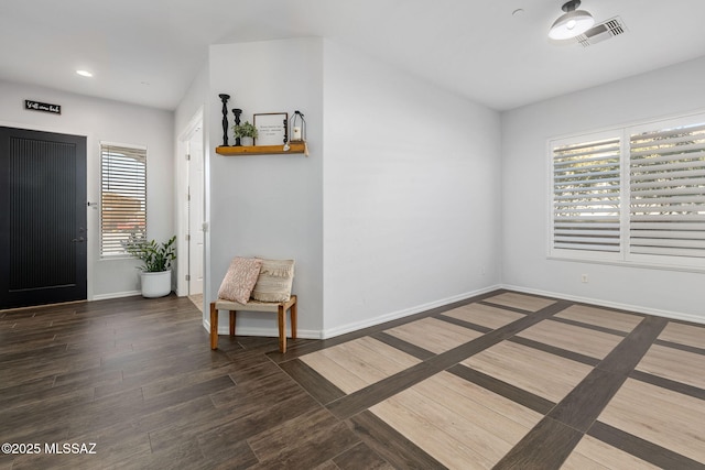 entryway with a wealth of natural light and dark hardwood / wood-style flooring