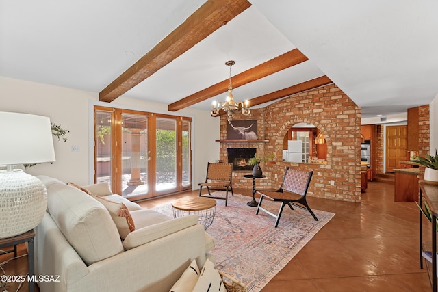 living room with a notable chandelier, tile patterned flooring, a fireplace, french doors, and beam ceiling