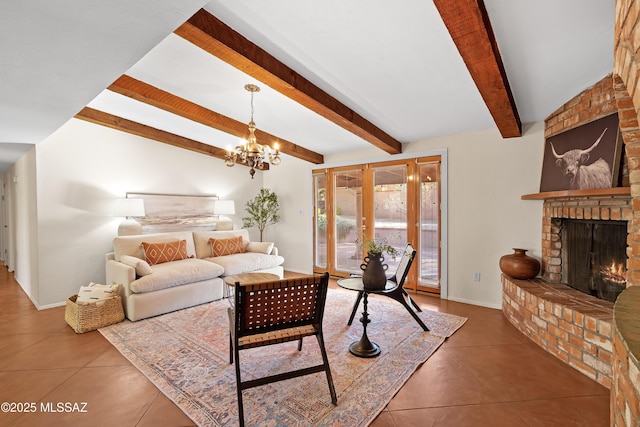 living room featuring tile patterned floors, vaulted ceiling with beams, a fireplace, french doors, and a chandelier