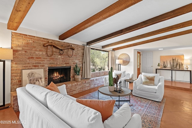 tiled living room with beam ceiling and a fireplace