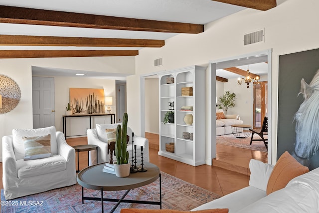 living room featuring lofted ceiling with beams, tile patterned flooring, and a chandelier