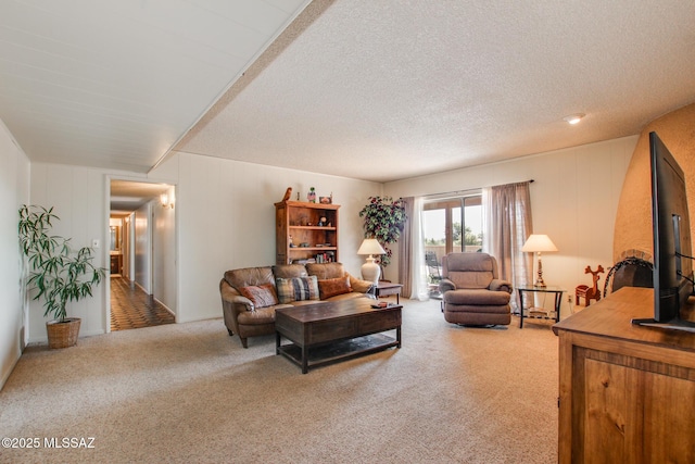 carpeted living room with a textured ceiling