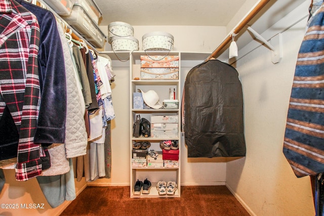 spacious closet with dark colored carpet