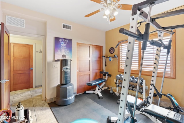 workout room featuring ceiling fan