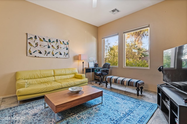 living room with ceiling fan