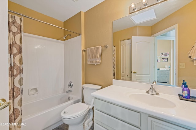 full bathroom featuring shower / bath combination with curtain, vanity, and toilet