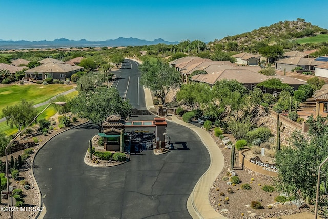 drone / aerial view featuring a mountain view