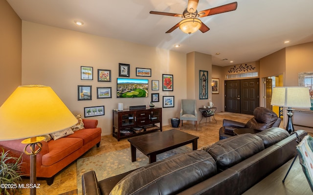 living room with light tile patterned flooring and ceiling fan