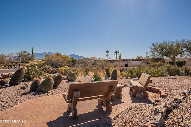 view of patio with a mountain view