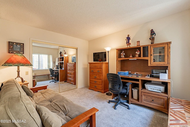 home office featuring light carpet and a textured ceiling