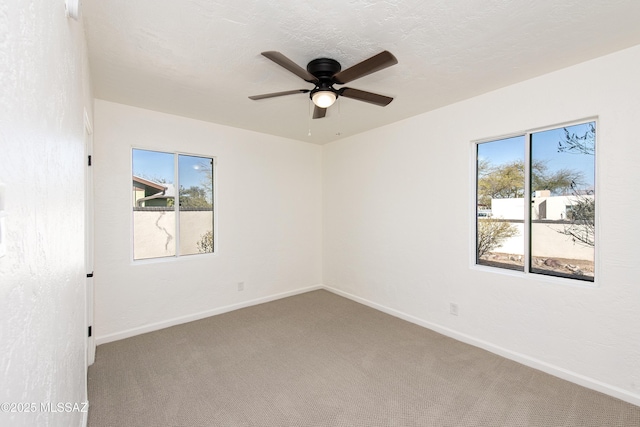 empty room featuring ceiling fan, carpet flooring, and a textured ceiling