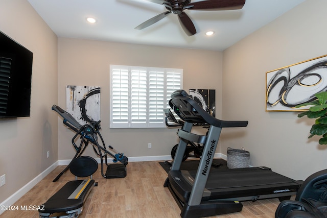 exercise room with ceiling fan and light wood-type flooring