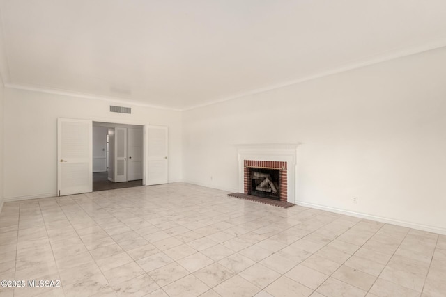 unfurnished living room with a fireplace and ornamental molding