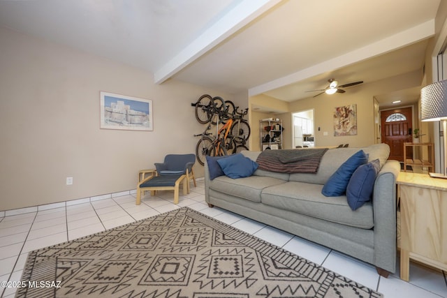 tiled living room with beamed ceiling and ceiling fan