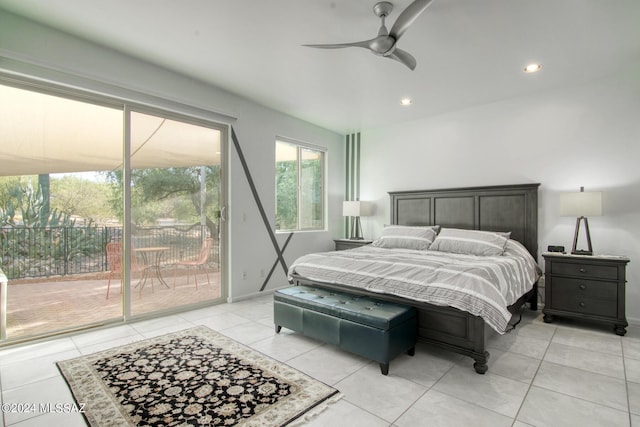 bedroom featuring access to exterior, recessed lighting, ceiling fan, and light tile patterned floors