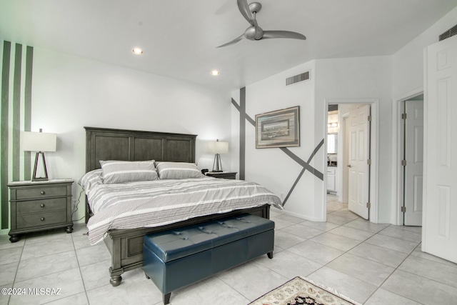 bedroom with light tile patterned floors, ceiling fan, visible vents, and recessed lighting