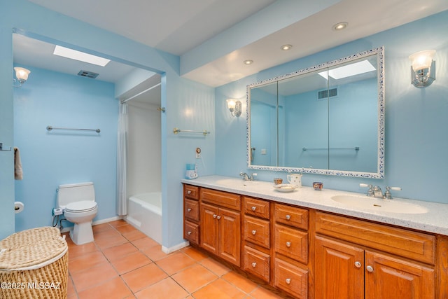 full bathroom with toilet, vanity, bathtub / shower combination, and tile patterned floors