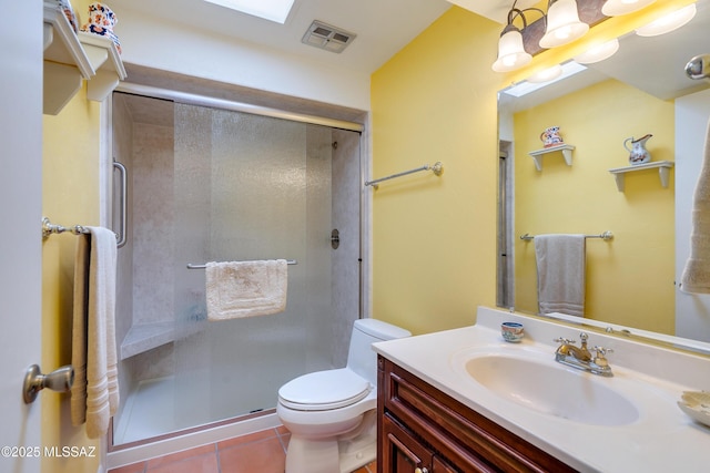 bathroom featuring a shower with shower door, toilet, vanity, and tile patterned flooring