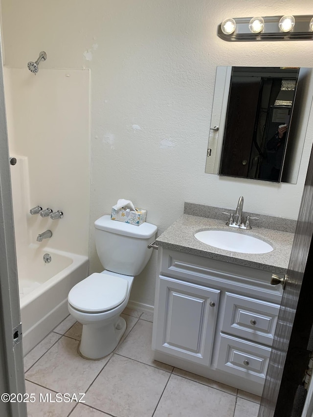 full bathroom featuring shower / tub combination, tile patterned flooring, vanity, and toilet