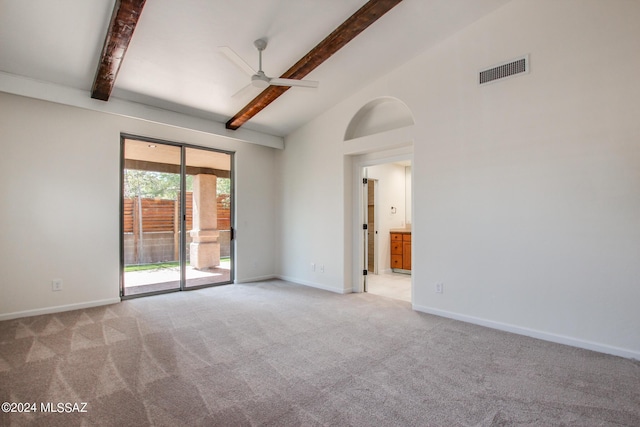 carpeted spare room featuring ceiling fan, beam ceiling, and high vaulted ceiling