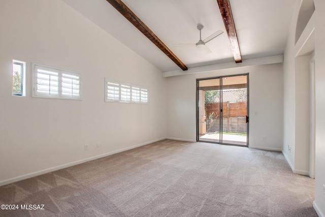 carpeted empty room featuring beamed ceiling, high vaulted ceiling, and ceiling fan