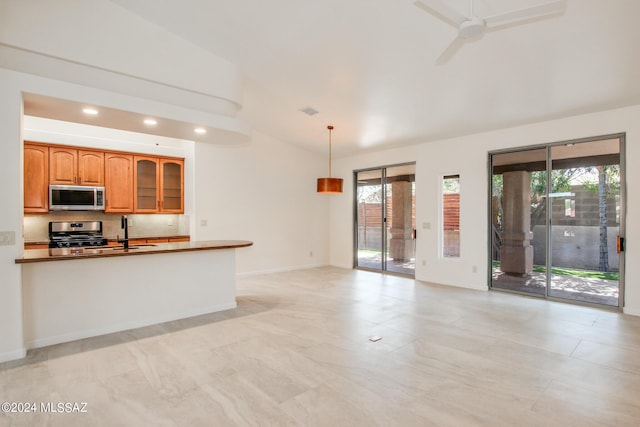 kitchen featuring ceiling fan, a healthy amount of sunlight, stainless steel appliances, and hanging light fixtures