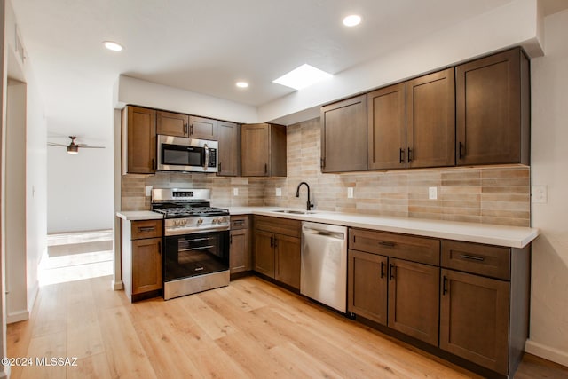 kitchen featuring ceiling fan, sink, stainless steel appliances, decorative backsplash, and light wood-type flooring