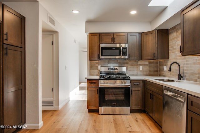 kitchen with tasteful backsplash, sink, light wood-type flooring, and appliances with stainless steel finishes