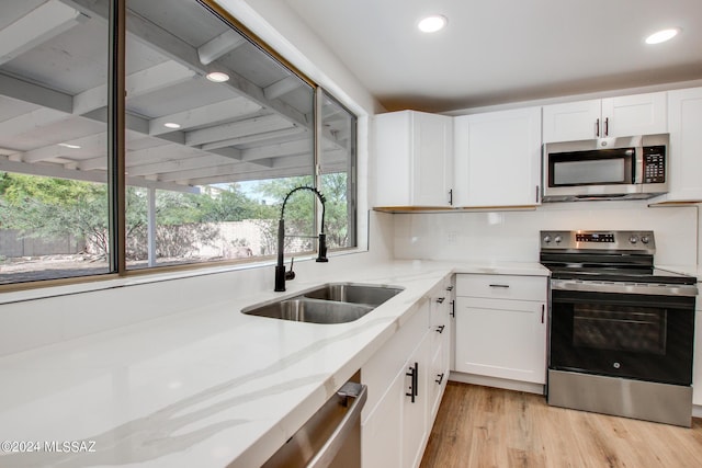 kitchen featuring light wood-style flooring, a sink, white cabinets, appliances with stainless steel finishes, and backsplash