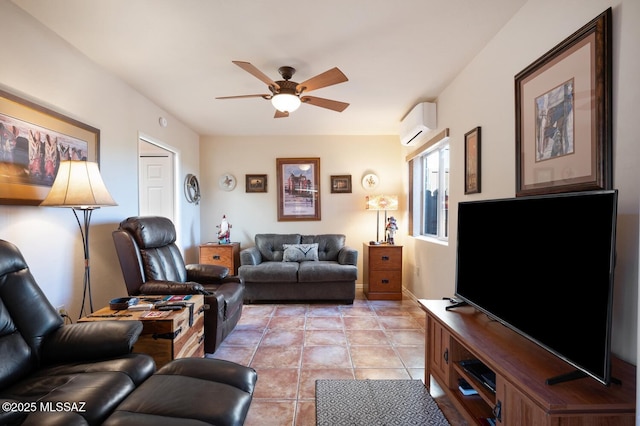 tiled living room with ceiling fan and a wall unit AC