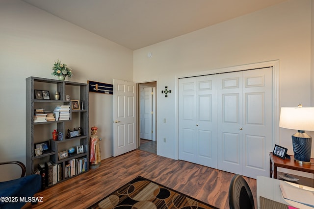 home office featuring dark wood-type flooring