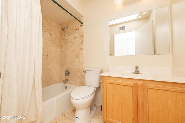 full bathroom with tile patterned flooring, vanity, toilet, and shower / tub combo with curtain