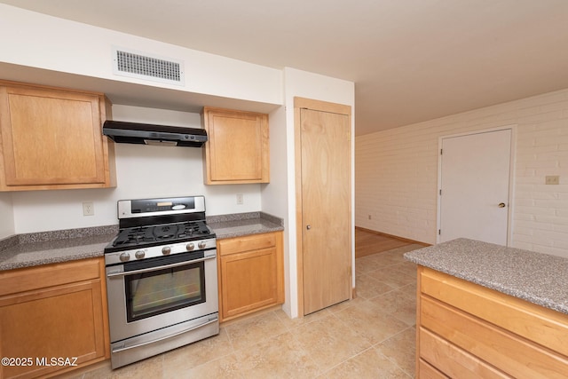 kitchen with stainless steel range with gas cooktop and ventilation hood