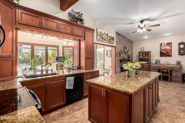 kitchen with a brick fireplace, sink, dishwasher, lofted ceiling with beams, and range with electric stovetop